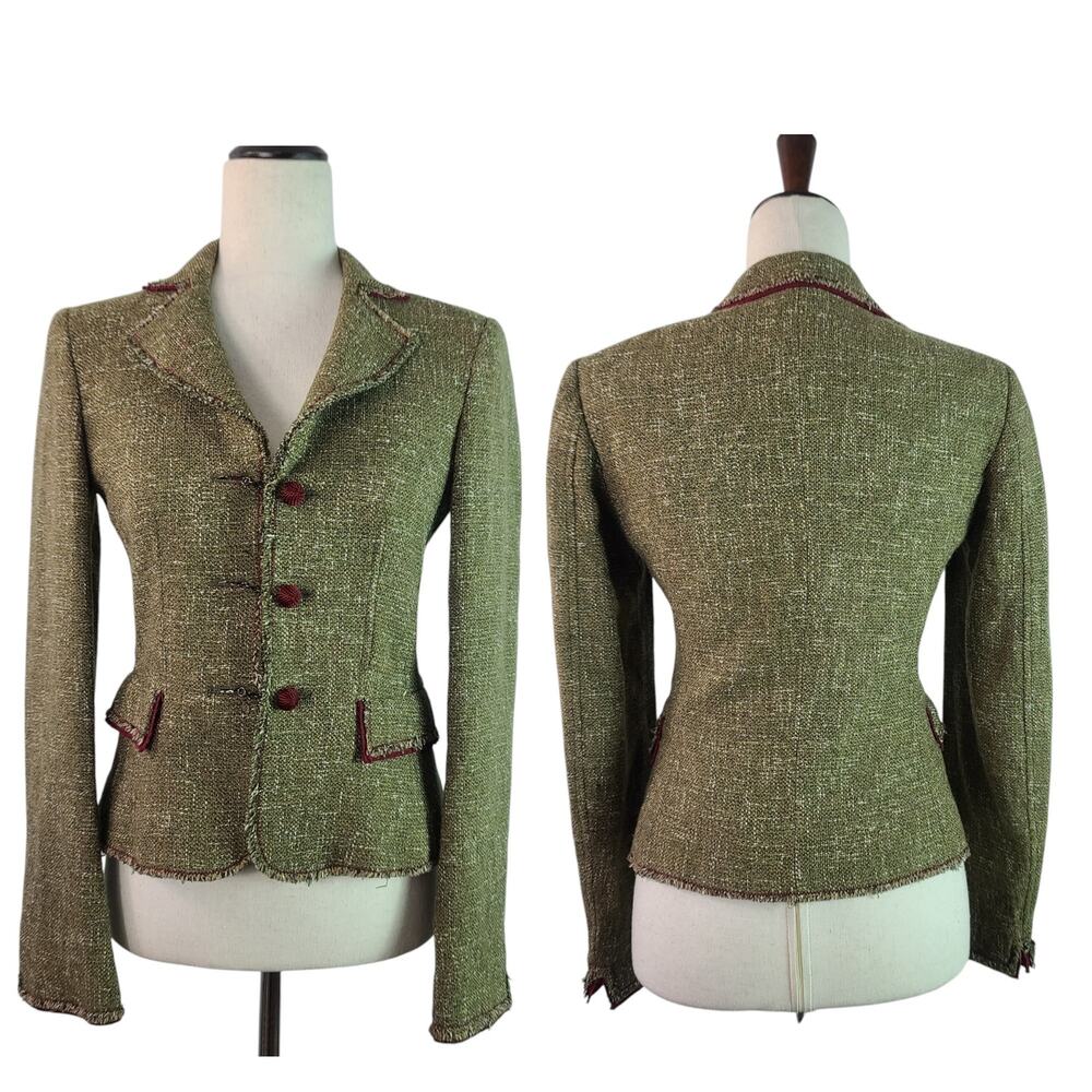 Alberta Ferretti Made in Italy Olive Green Burgundy Wine Tweed Jacket Blazer 4 S